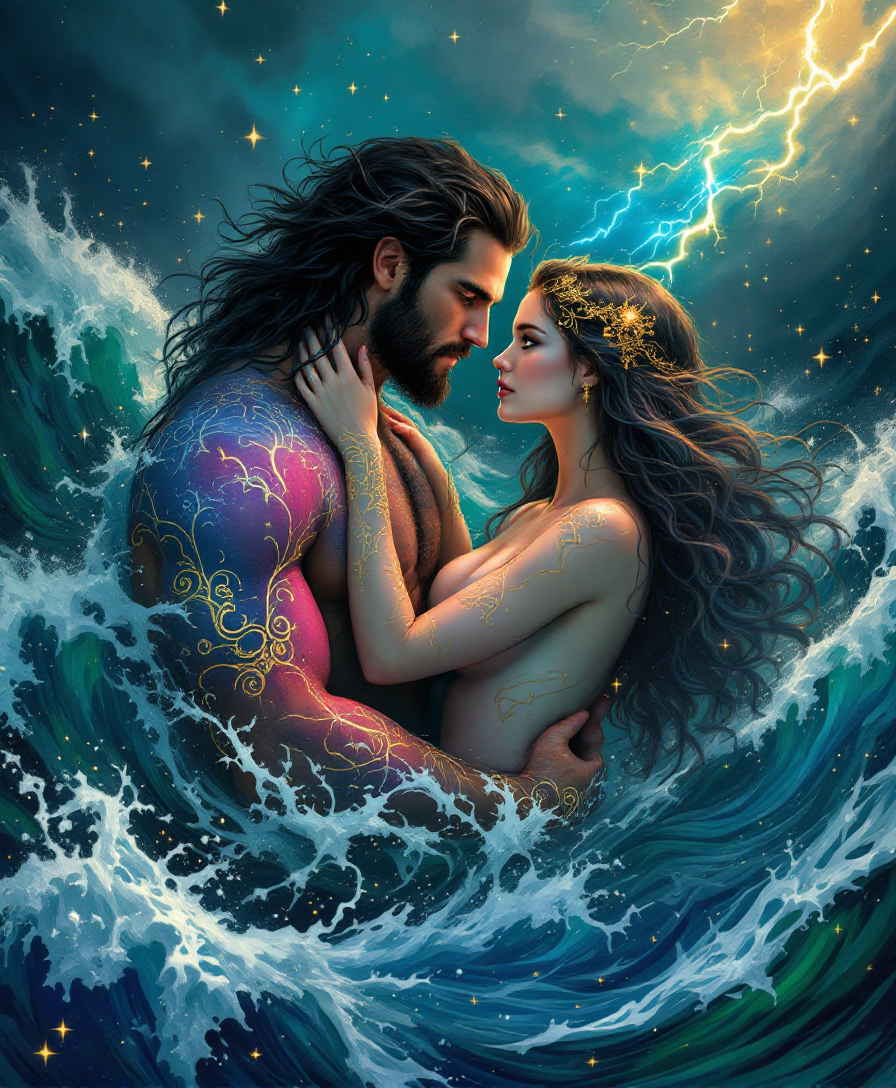 The Torzions and the siren  -  a storm god and his beloved rising together from a turbulent sea, gold storm-energy threading them, the composition asymmetrical